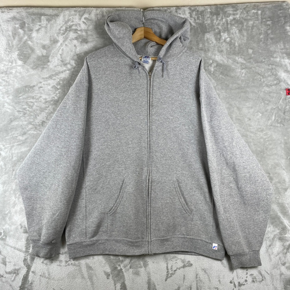 Y2K Russell Athletic Hoodie Mens XXL Gray Full Zip Vintage Blank Sweatshirt